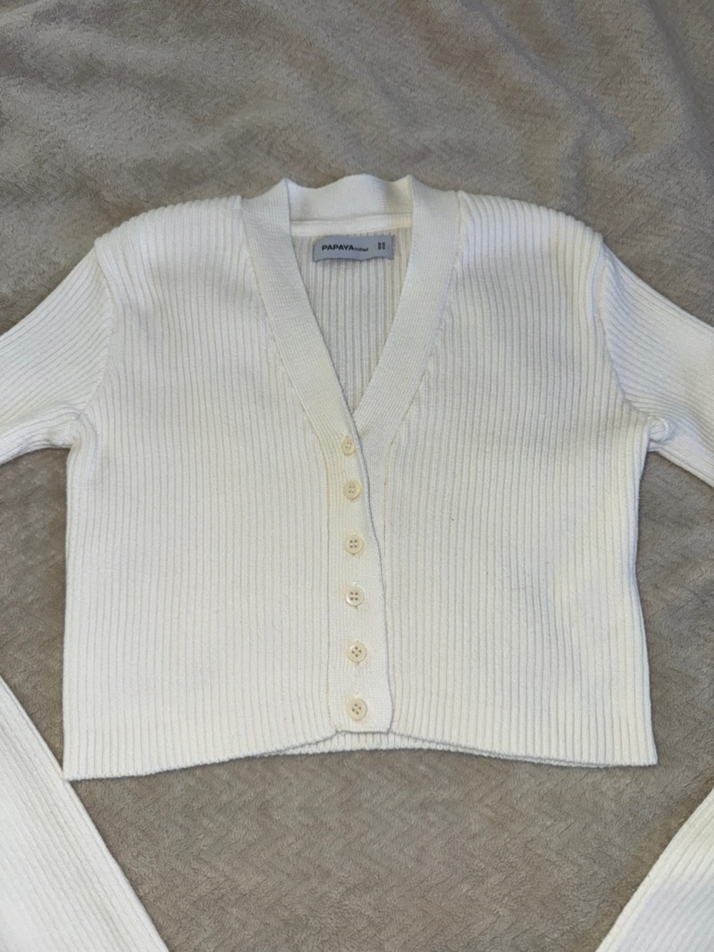 Size S Papaya White Ribbed V-Neck Button Crop Cardigan